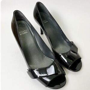 Stuart Weitzman Black Patent Leather Open Toe Classic Heels
